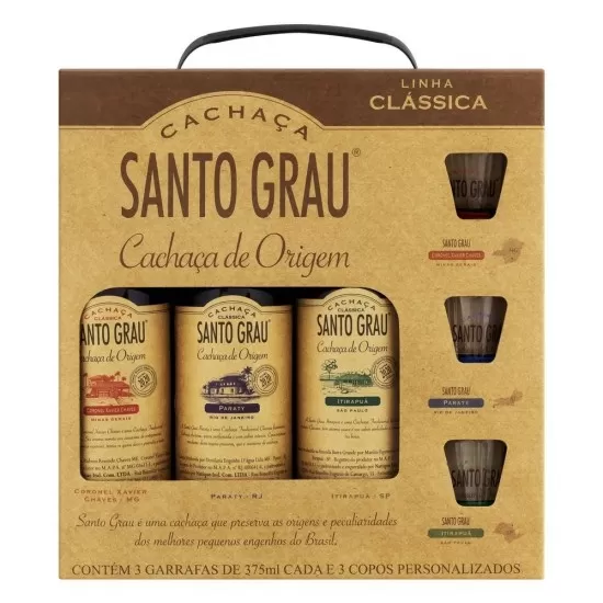 Cachaça Santo Grau Kit 3 Und 375ML / 3 Copos